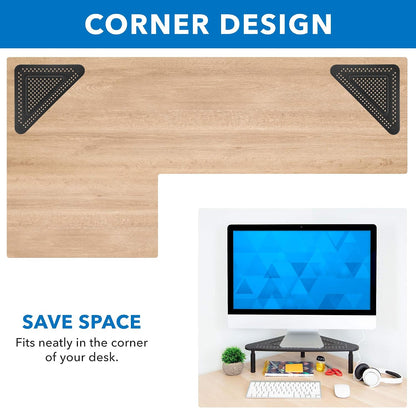 Corner Monitor Stand | Adjustable Height Corner Desk Shelf | Triangle Screen Riser, Ergonomic Space Saving Design, Ventilated. (Metal, Black)