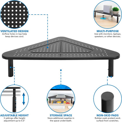 Corner Monitor Stand | Adjustable Height Corner Desk Shelf | Triangle Screen Riser, Ergonomic Space Saving Design, Ventilated. (Metal, Black)