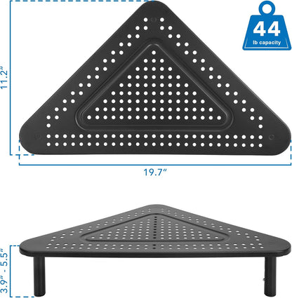 Corner Monitor Stand | Adjustable Height Corner Desk Shelf | Triangle Screen Riser, Ergonomic Space Saving Design, Ventilated. (Metal, Black)