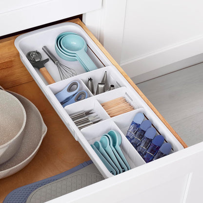 DrawerFit Sliding Drawer Tray with Adjustable Dividers, Expandable Kitchen Storage Organizer, Speckled White