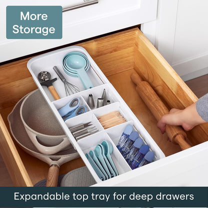DrawerFit Sliding Drawer Tray with Adjustable Dividers, Expandable Kitchen Storage Organizer, Speckled White