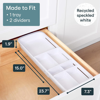 DrawerFit Sliding Drawer Tray with Adjustable Dividers, Expandable Kitchen Storage Organizer, Speckled White