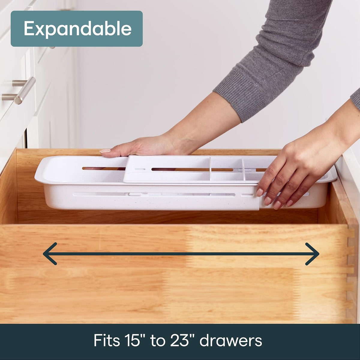 DrawerFit Sliding Drawer Tray with Adjustable Dividers, Expandable Kitchen Storage Organizer, Speckled White
