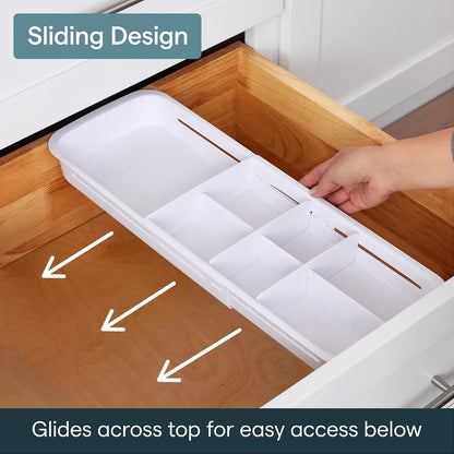 DrawerFit Sliding Drawer Tray with Adjustable Dividers, Expandable Kitchen Storage Organizer, Speckled White