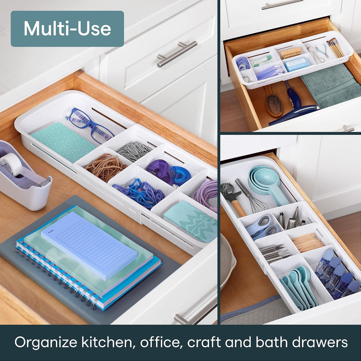 DrawerFit Sliding Drawer Tray with Adjustable Dividers, Expandable Kitchen Storage Organizer, Speckled White