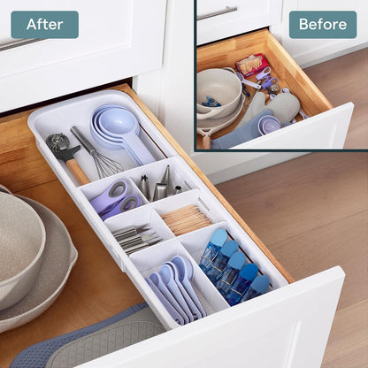 DrawerFit Sliding Drawer Tray with Adjustable Dividers, Expandable Kitchen Storage Organizer, Speckled White
