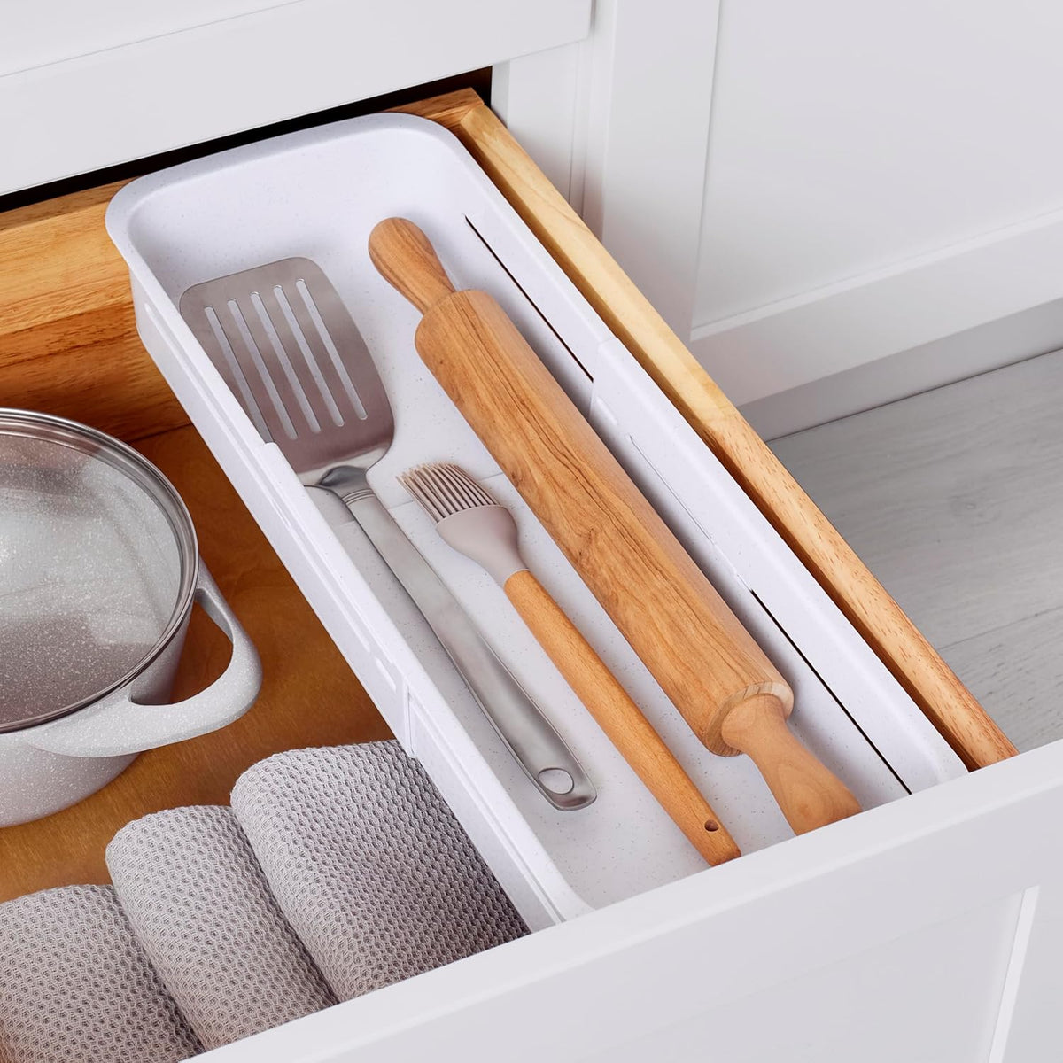DrawerFit Sliding Drawer Tray with Adjustable Dividers, Expandable Kitchen Storage Organizer, Speckled White