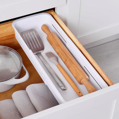 DrawerFit Sliding Drawer Tray with Adjustable Dividers, Expandable Kitchen Storage Organizer, Speckled White