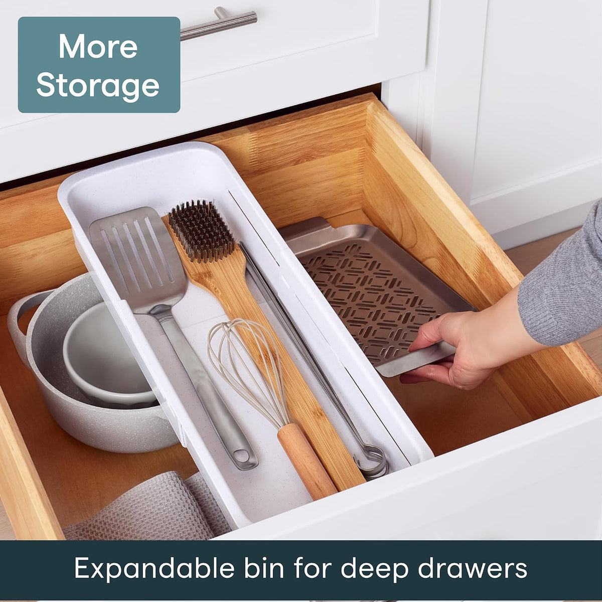 DrawerFit Sliding Drawer Tray with Adjustable Dividers, Expandable Kitchen Storage Organizer, Speckled White