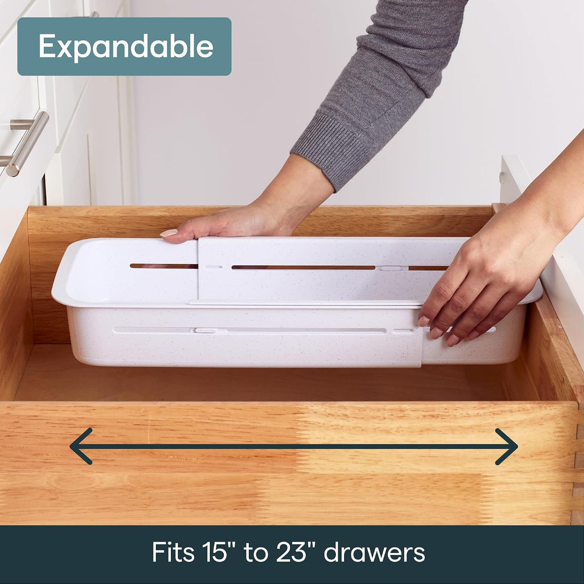 DrawerFit Sliding Drawer Tray with Adjustable Dividers, Expandable Kitchen Storage Organizer, Speckled White
