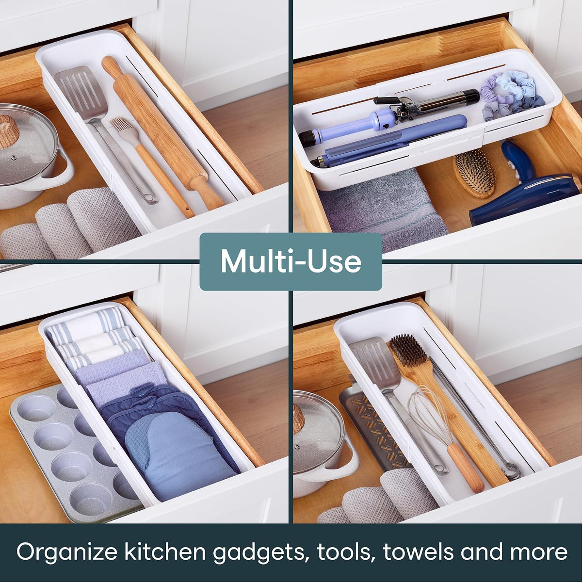 DrawerFit Sliding Drawer Tray with Adjustable Dividers, Expandable Kitchen Storage Organizer, Speckled White