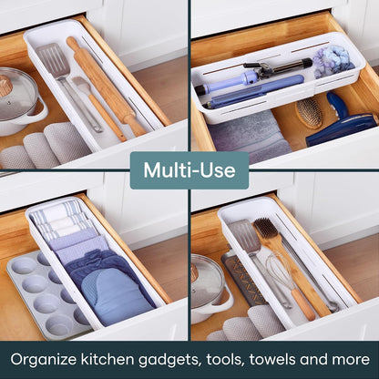 DrawerFit Sliding Drawer Tray with Adjustable Dividers, Expandable Kitchen Storage Organizer, Speckled White