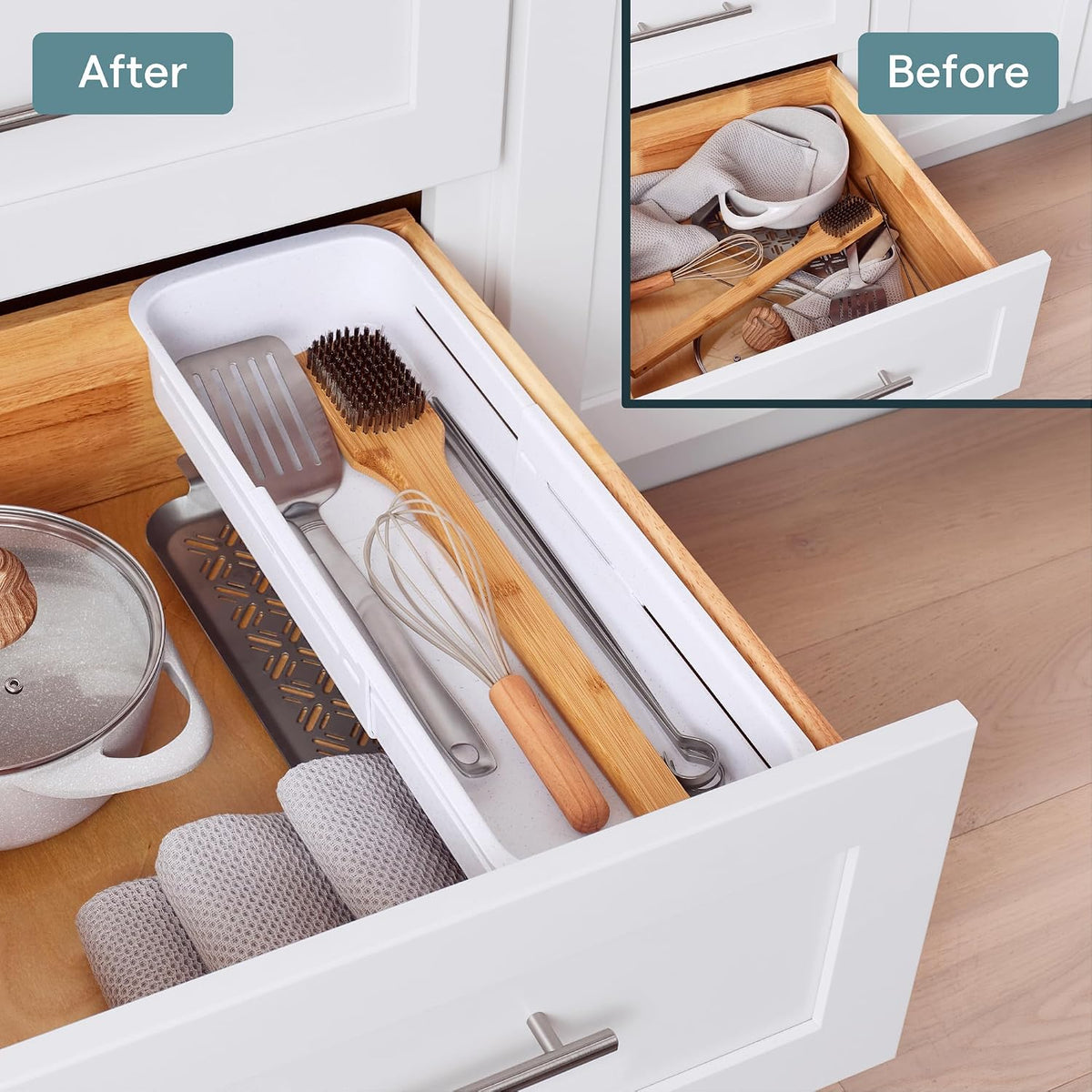 DrawerFit Sliding Drawer Tray with Adjustable Dividers, Expandable Kitchen Storage Organizer, Speckled White