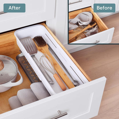DrawerFit Sliding Drawer Tray with Adjustable Dividers, Expandable Kitchen Storage Organizer, Speckled White