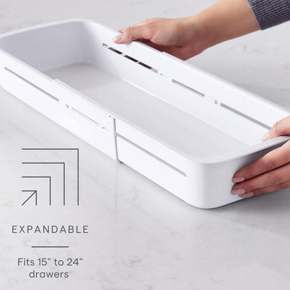 DrawerFit Sliding Drawer Tray with Adjustable Dividers, Expandable Kitchen Storage Organizer, Speckled White