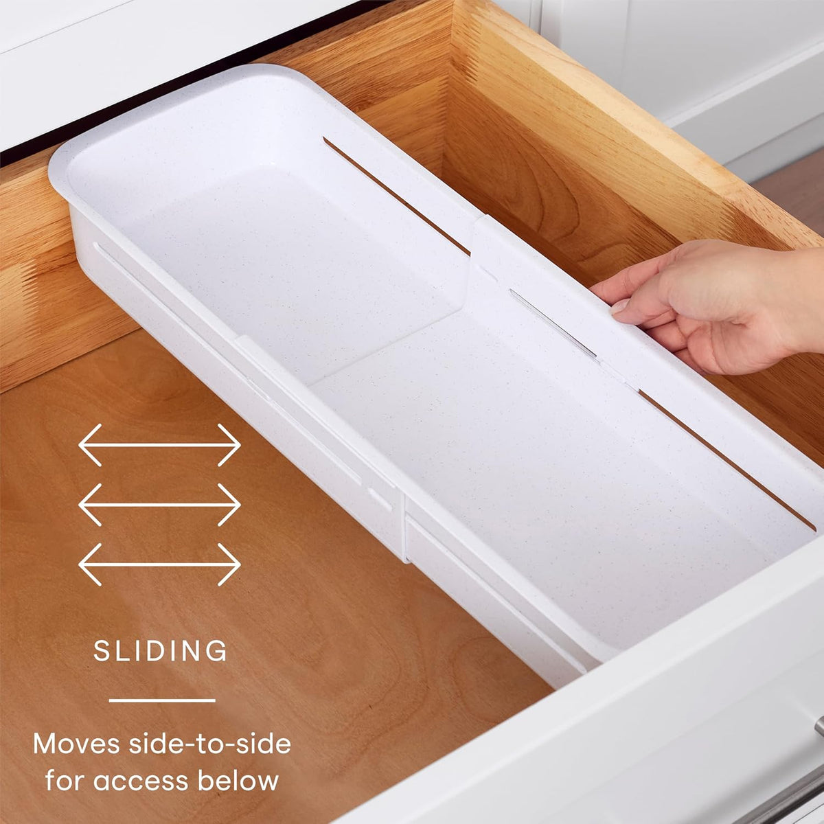 DrawerFit Sliding Drawer Tray with Adjustable Dividers, Expandable Kitchen Storage Organizer, Speckled White