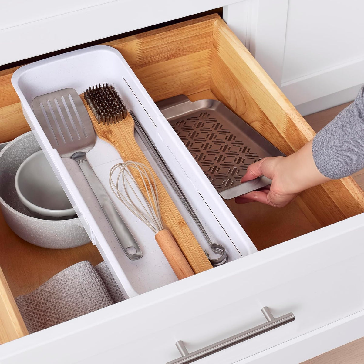 DrawerFit Sliding Drawer Tray with Adjustable Dividers, Expandable Kitchen Storage Organizer, Speckled White