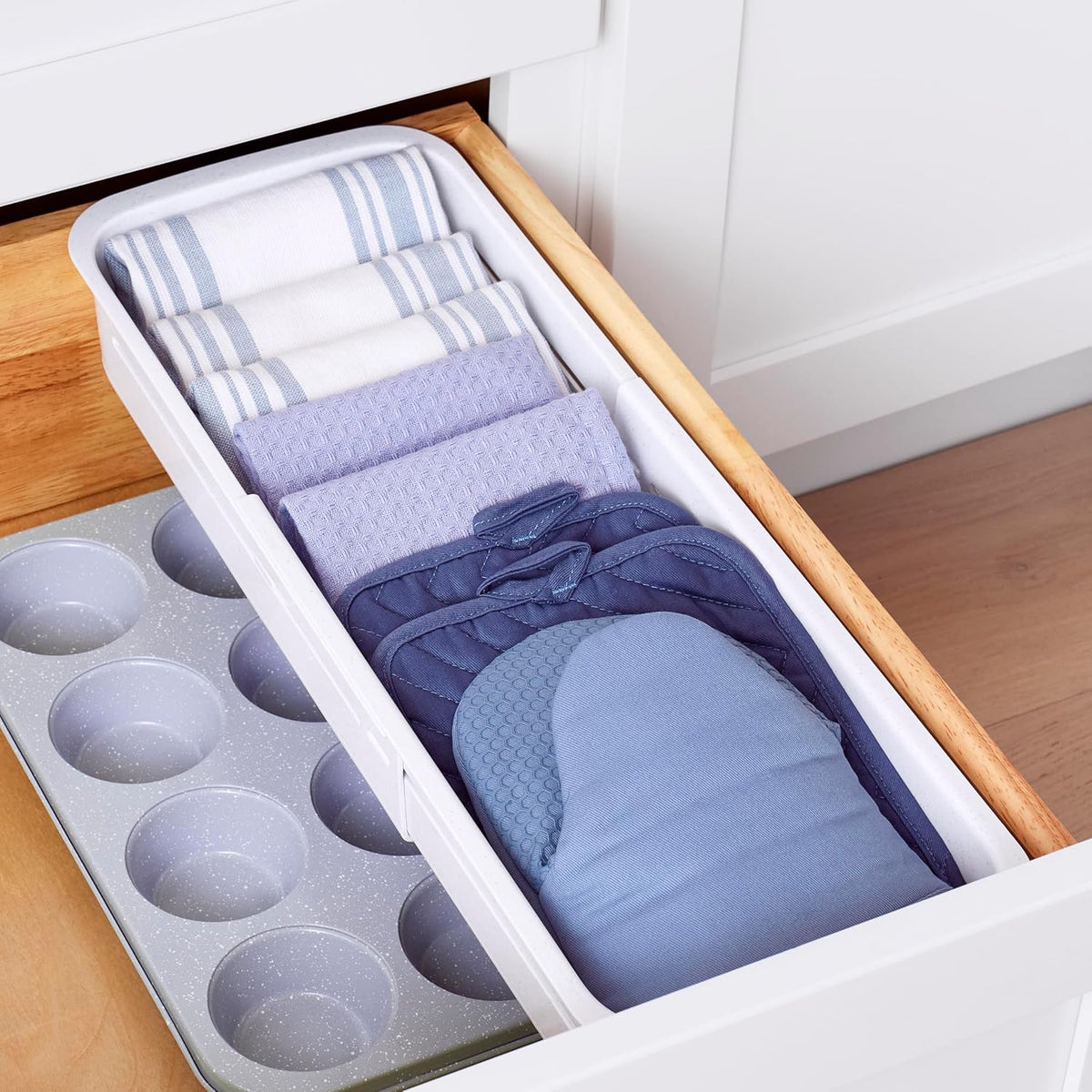 DrawerFit Sliding Drawer Tray with Adjustable Dividers, Expandable Kitchen Storage Organizer, Speckled White