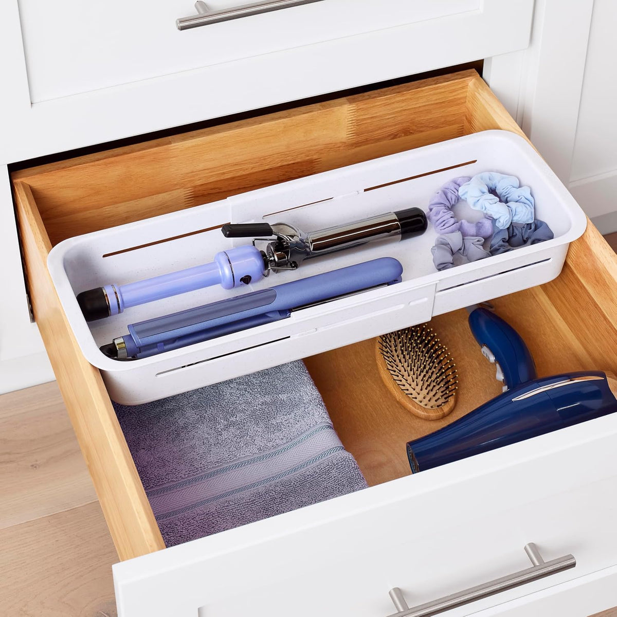 DrawerFit Sliding Drawer Tray with Adjustable Dividers, Expandable Kitchen Storage Organizer, Speckled White