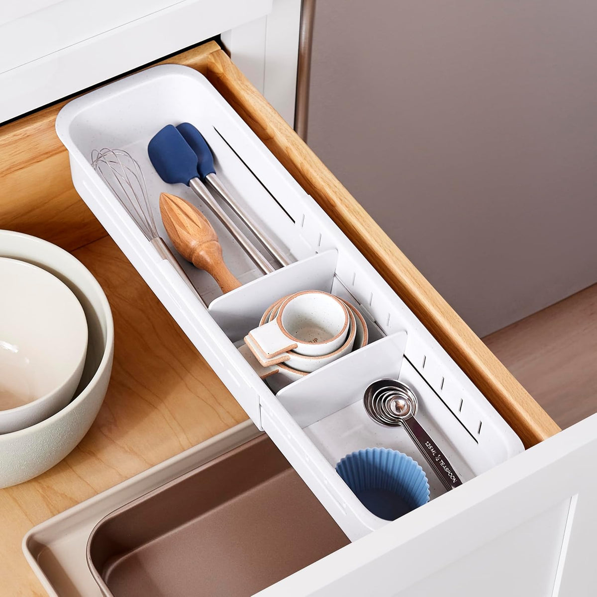 DrawerFit Sliding Drawer Tray with Adjustable Dividers, Expandable Kitchen Storage Organizer, Speckled White