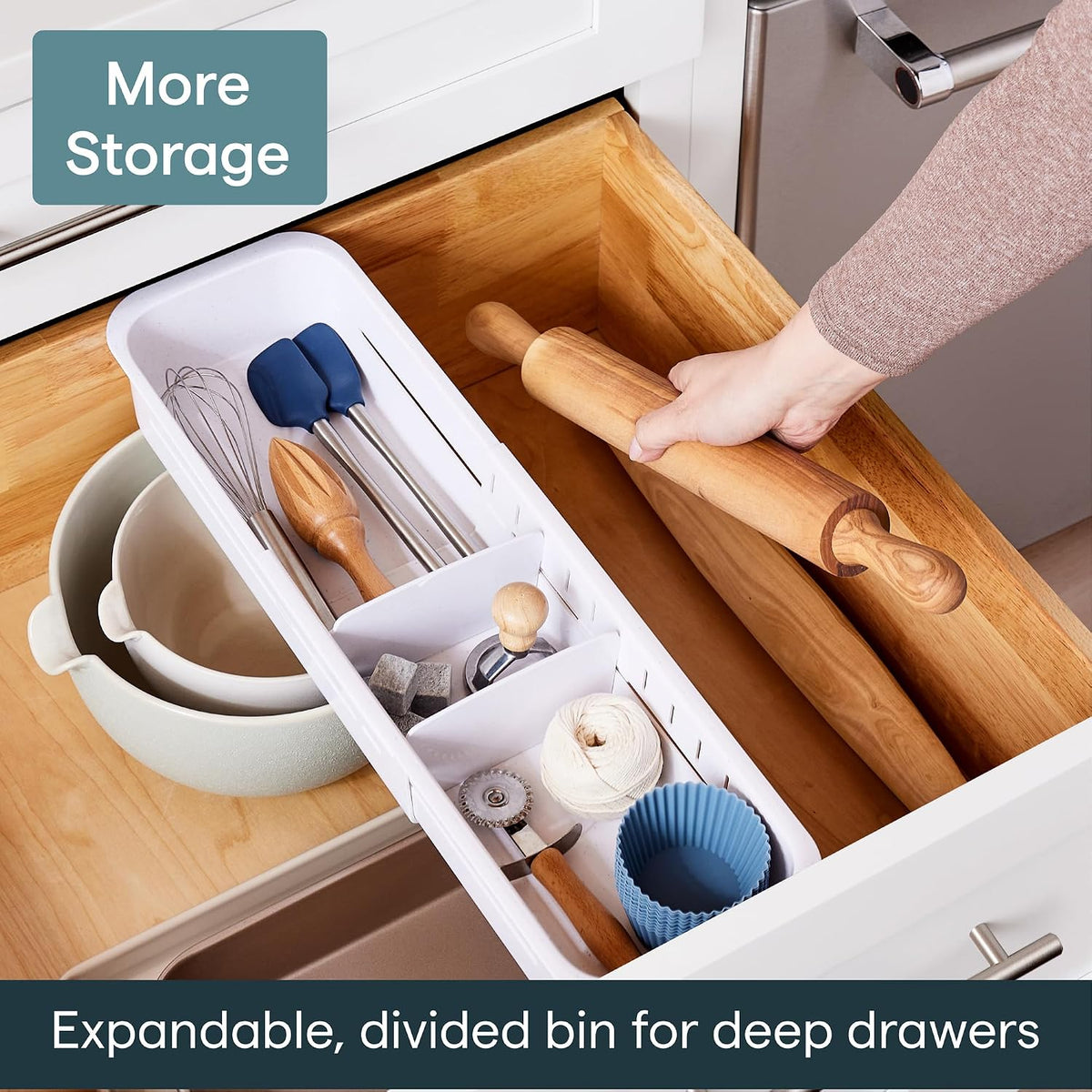 DrawerFit Sliding Drawer Tray with Adjustable Dividers, Expandable Kitchen Storage Organizer, Speckled White