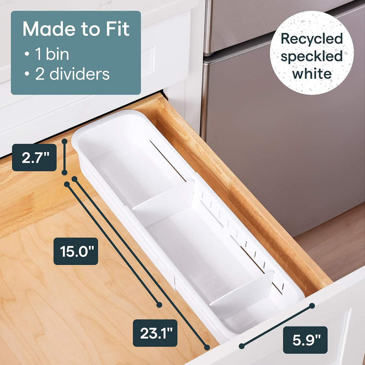 DrawerFit Sliding Drawer Tray with Adjustable Dividers, Expandable Kitchen Storage Organizer, Speckled White