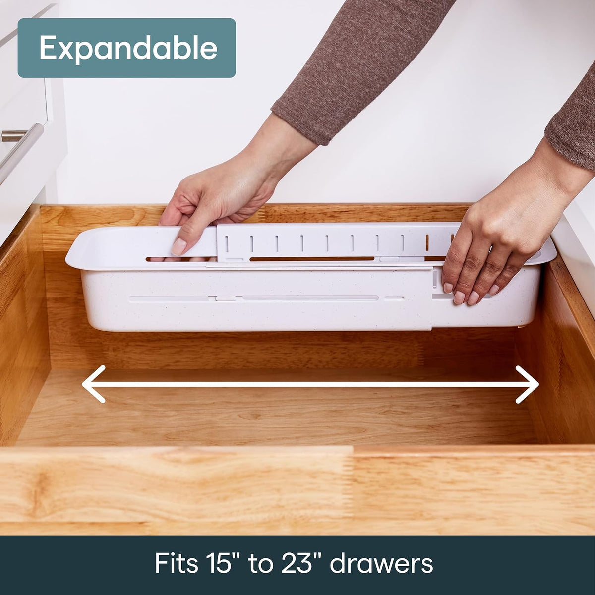 DrawerFit Sliding Drawer Tray with Adjustable Dividers, Expandable Kitchen Storage Organizer, Speckled White