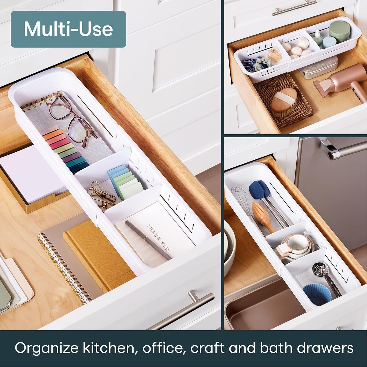 DrawerFit Sliding Drawer Tray with Adjustable Dividers, Expandable Kitchen Storage Organizer, Speckled White