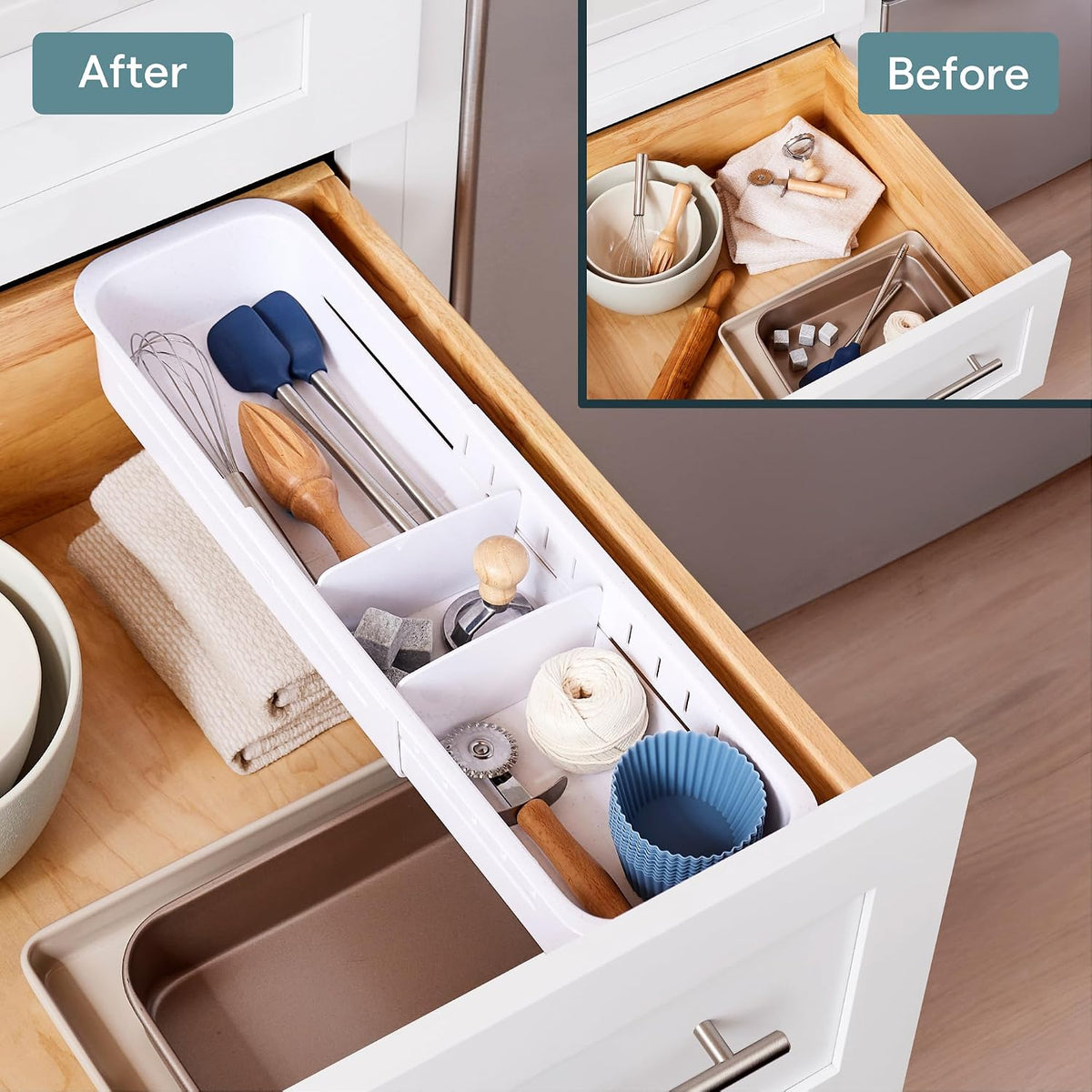 DrawerFit Sliding Drawer Tray with Adjustable Dividers, Expandable Kitchen Storage Organizer, Speckled White