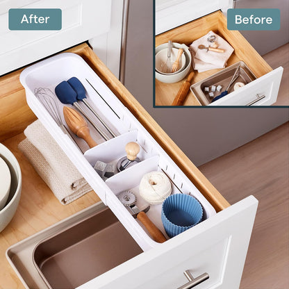 DrawerFit Sliding Drawer Tray with Adjustable Dividers, Expandable Kitchen Storage Organizer, Speckled White
