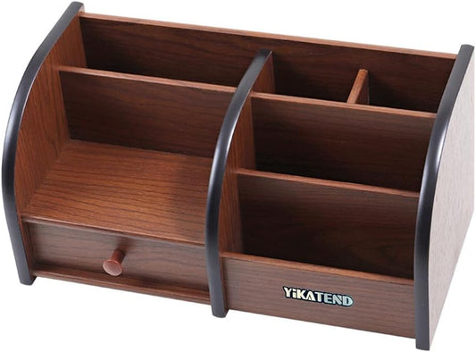 Wooden Desk Organizer with Drawer, Multi-Compartment Desktop Storage for Office Supplies, Remote Control, Phone, Makeup & Accessories