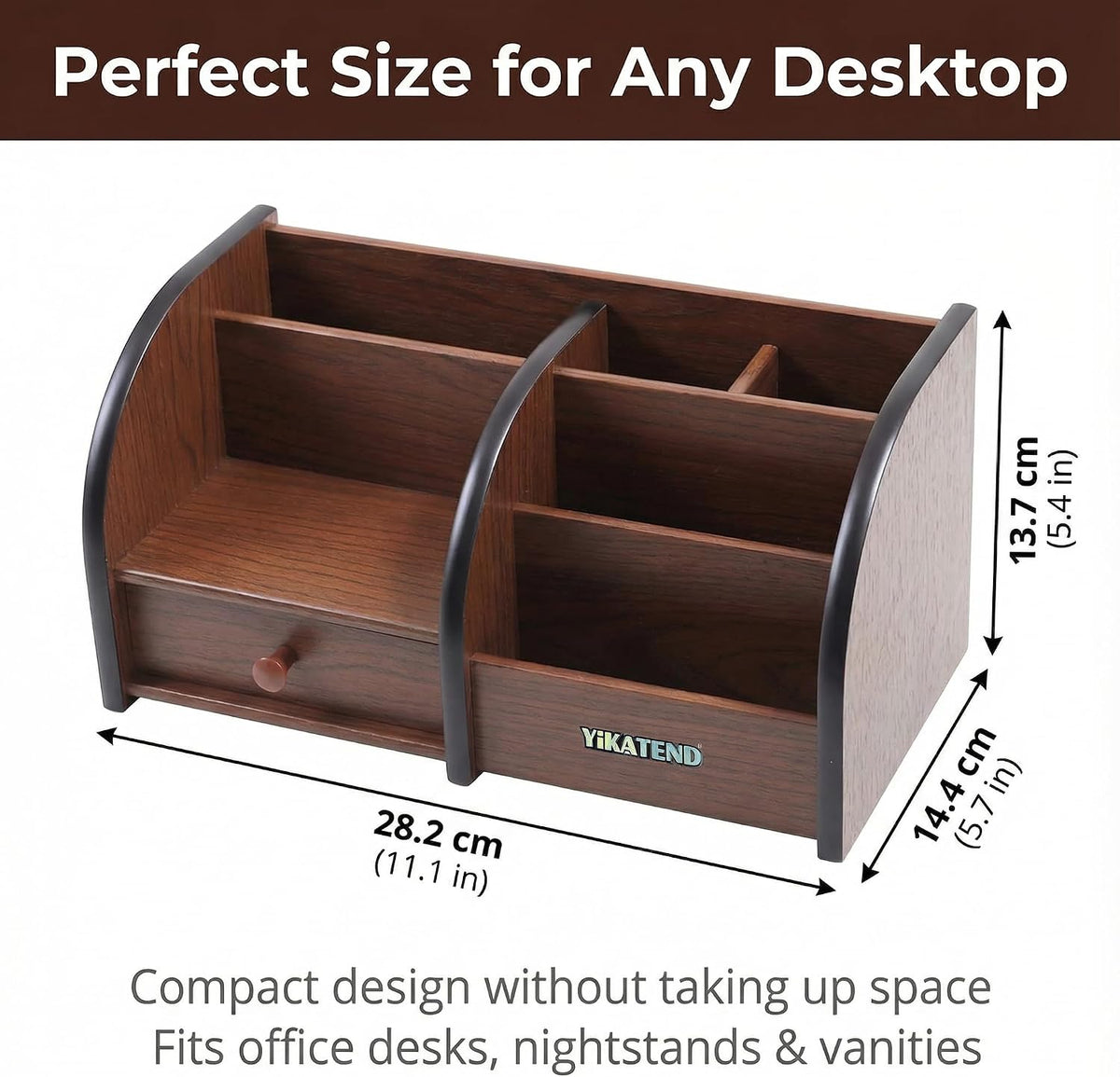 Wooden Desk Organizer with Drawer, Multi-Compartment Desktop Storage for Office Supplies, Remote Control, Phone, Makeup & Accessories