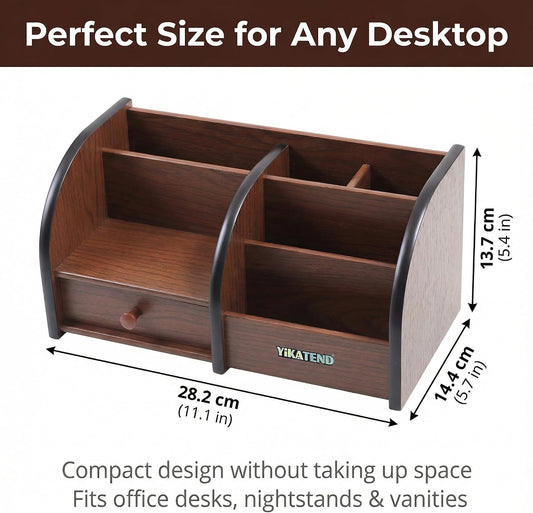 Wooden Desk Organizer with Drawer, Multi-Compartment Desktop Storage for Office Supplies, Remote Control, Phone, Makeup & Accessories