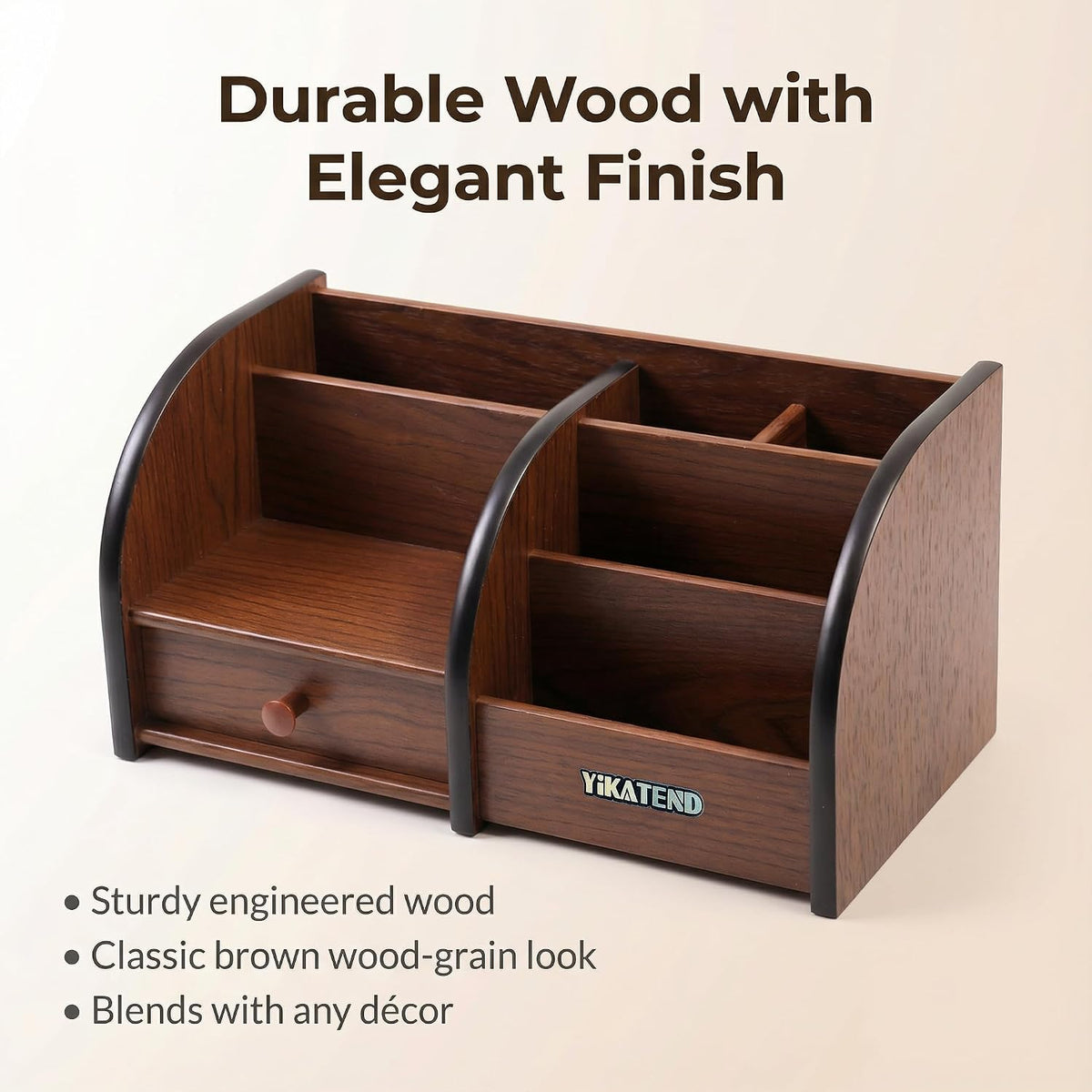 Wooden Desk Organizer with Drawer, Multi-Compartment Desktop Storage for Office Supplies, Remote Control, Phone, Makeup & Accessories