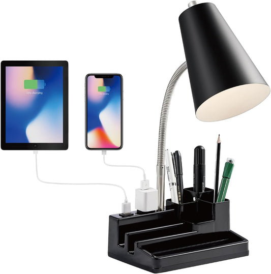 Small Desk Lamps for Home Office, Table Lamp with USB Port and Outlet, Desktop Lamp with Pen Holder, Flexible Neck Desk Lamp, Black Table Lamp for Reading Study