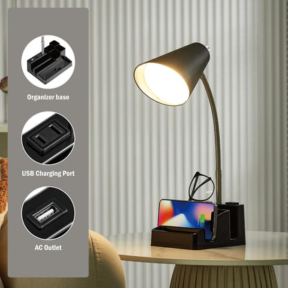 Small Desk Lamps for Home Office, Table Lamp with USB Port and Outlet, Desktop Lamp with Pen Holder, Flexible Neck Desk Lamp, Black Table Lamp for Reading Study