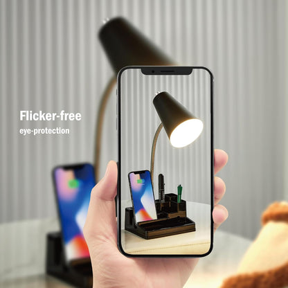 Small Desk Lamps for Home Office, Table Lamp with USB Port and Outlet, Desktop Lamp with Pen Holder, Flexible Neck Desk Lamp, Black Table Lamp for Reading Study