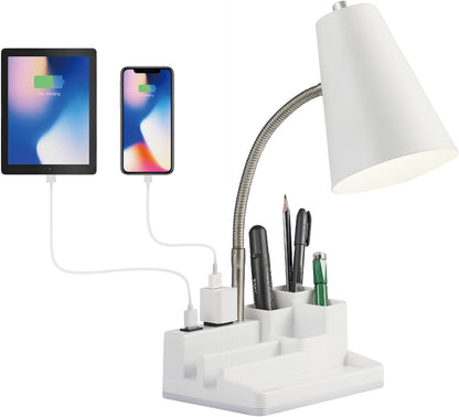 Small Desk Lamps for Home Office, Table Lamp with USB Port and Outlet, Desktop Lamp with Pen Holder, Flexible Neck Desk Lamp, Black Table Lamp for Reading Study