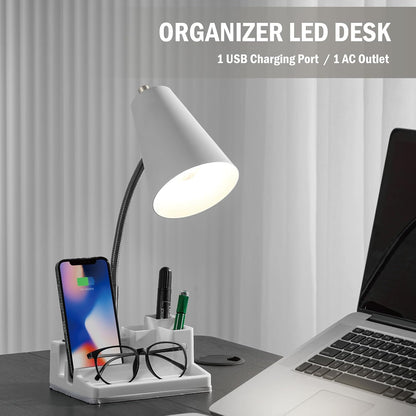 Small Desk Lamps for Home Office, Table Lamp with USB Port and Outlet, Desktop Lamp with Pen Holder, Flexible Neck Desk Lamp, Black Table Lamp for Reading Study