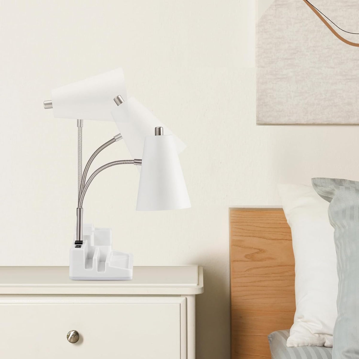 Small Desk Lamps for Home Office, Table Lamp with USB Port and Outlet, Desktop Lamp with Pen Holder, Flexible Neck Desk Lamp, Black Table Lamp for Reading Study