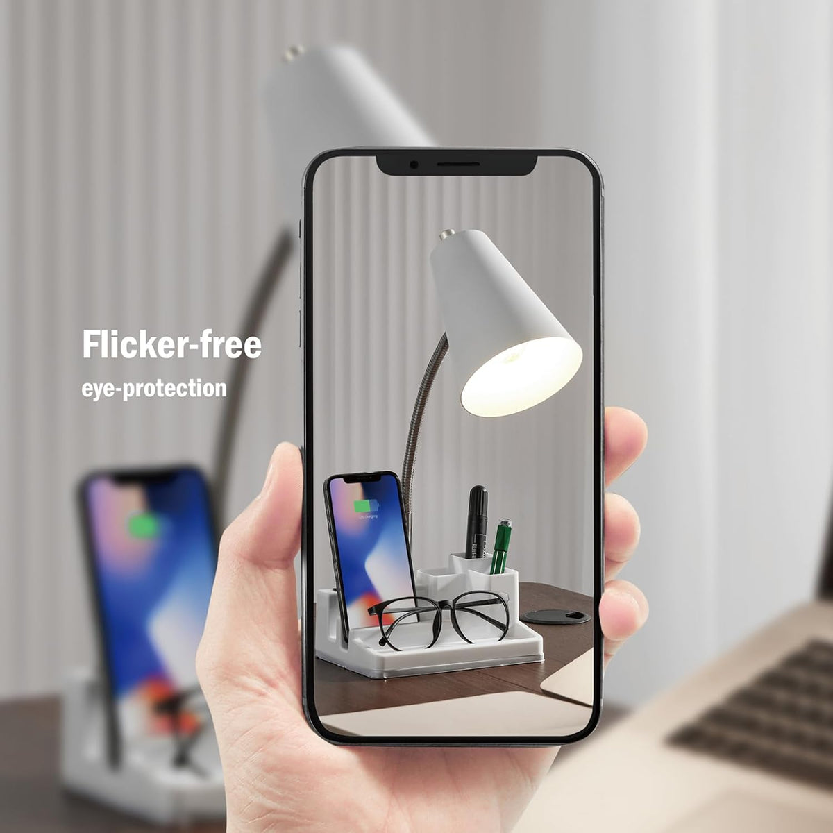 Small Desk Lamps for Home Office, Table Lamp with USB Port and Outlet, Desktop Lamp with Pen Holder, Flexible Neck Desk Lamp, Black Table Lamp for Reading Study