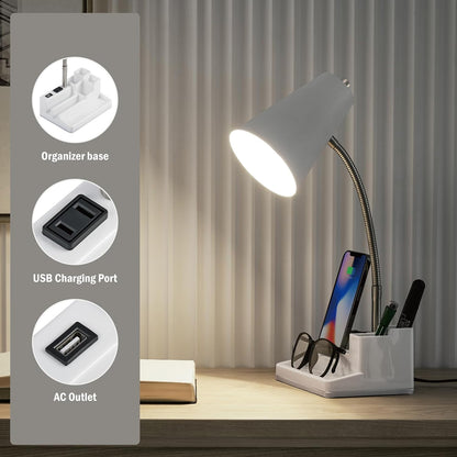 Small Desk Lamps for Home Office, Table Lamp with USB Port and Outlet, Desktop Lamp with Pen Holder, Flexible Neck Desk Lamp, Black Table Lamp for Reading Study
