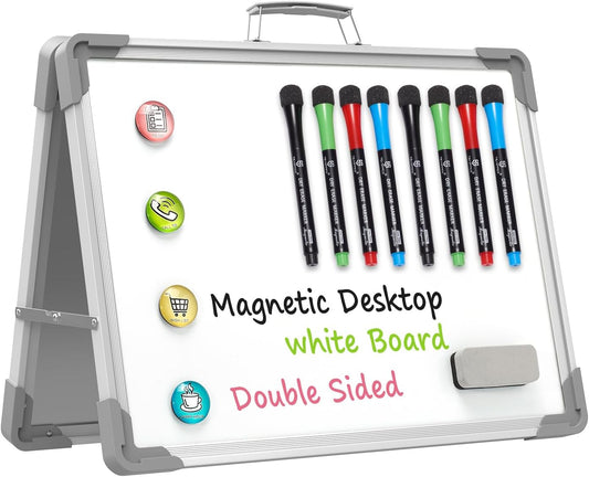 TSJ OFFICE Small Dry Erase White Board - 12" x 16" Mini Easel Desktop Double Sided Whiteboard, Portable Magnetic Board on Table Top with Holder for Drawing, Teacher Instruction, Memo Board