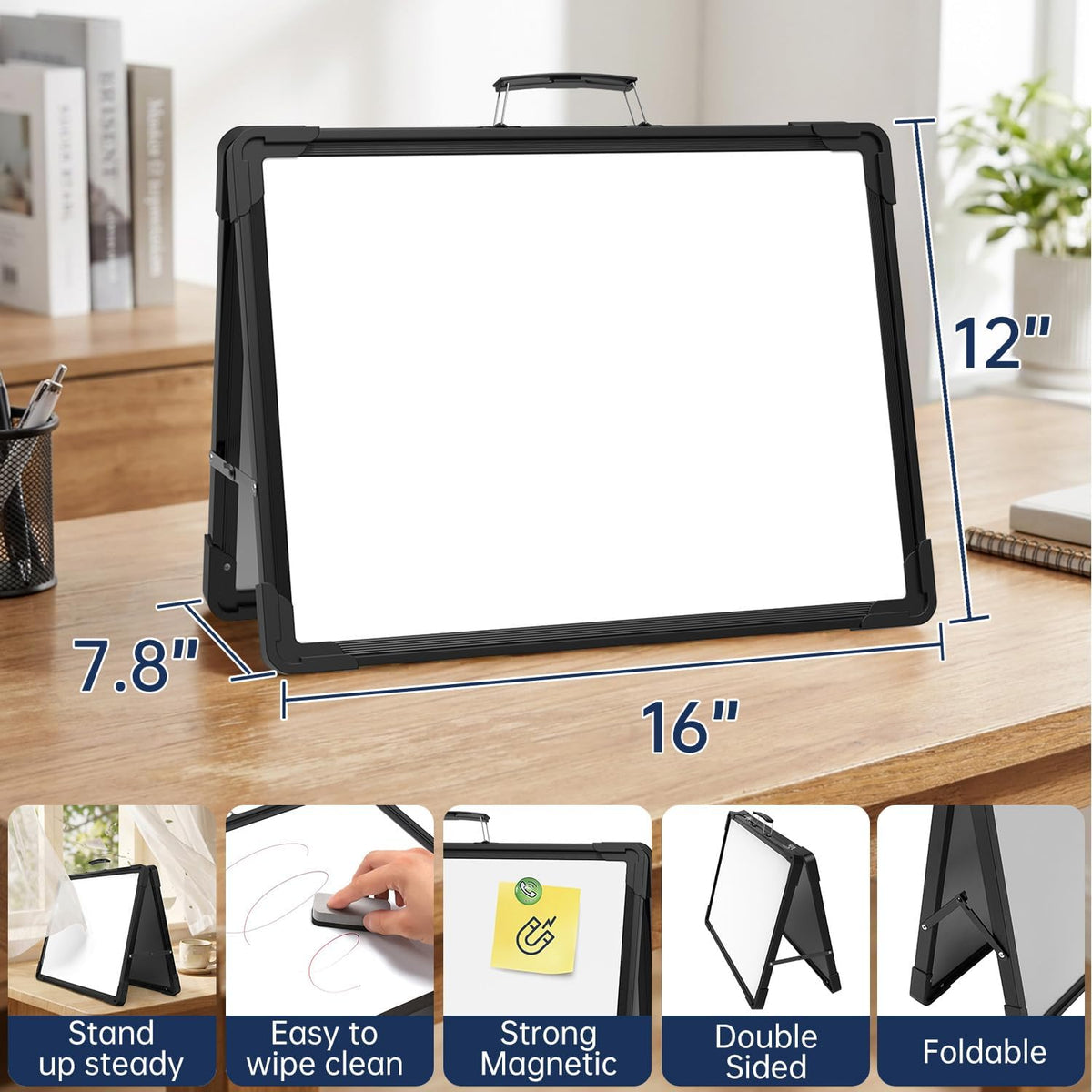 TSJ OFFICE Small Dry Erase White Board - 12" x 16" Mini Easel Desktop Double Sided Whiteboard, Portable Magnetic Board on Table Top with Holder for Drawing, Teacher Instruction, Memo Board