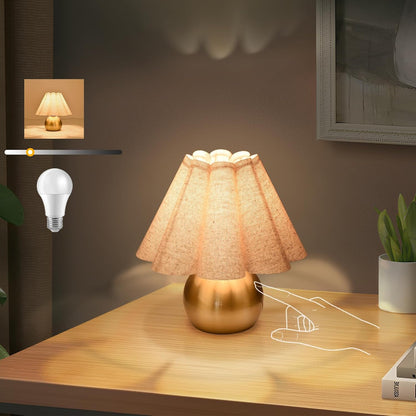 Gold Small Bedside Table Lamp for Bedroom, Brass Gold Bedroom Lamps for Nightstand, Cute Mini Table Lamps for Small Spaces with Scalloped Shade for Kitchen Counter, Bookshelf, Living Room, Kids Dorm