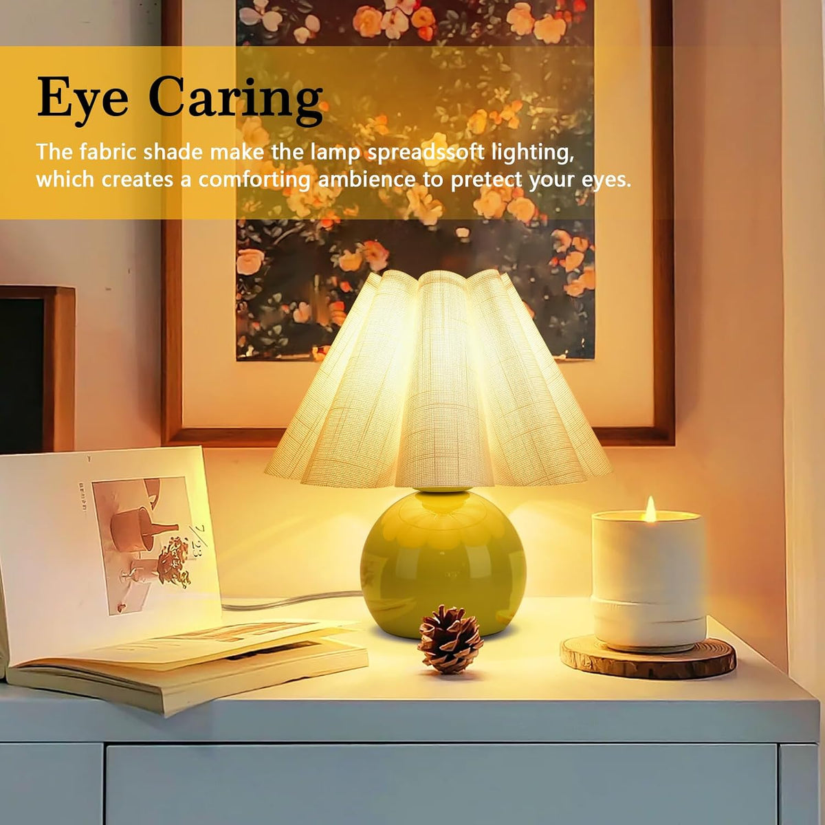 Gold Small Bedside Table Lamp for Bedroom, Brass Gold Bedroom Lamps for Nightstand, Cute Mini Table Lamps for Small Spaces with Scalloped Shade for Kitchen Counter, Bookshelf, Living Room, Kids Dorm