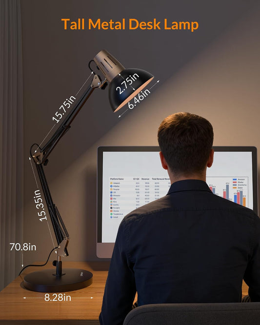 Metal Adjustable Desk Lamp with Clamp, Swing Arm for Home Office