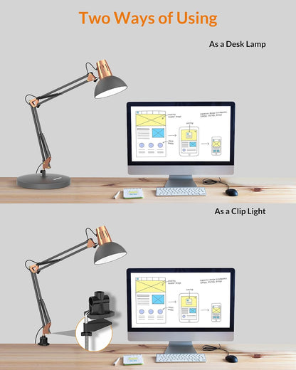 Metal Adjustable Desk Lamp with Clamp, Swing Arm for Home Office
