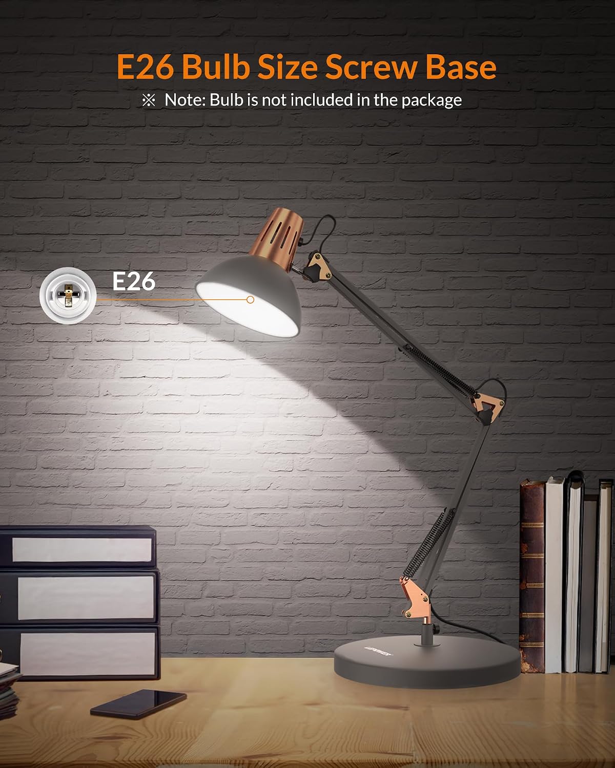 Metal Adjustable Desk Lamp with Clamp, Swing Arm for Home Office