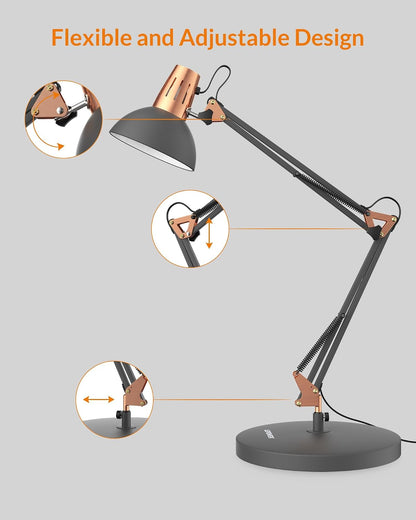 Metal Adjustable Desk Lamp with Clamp, Swing Arm for Home Office
